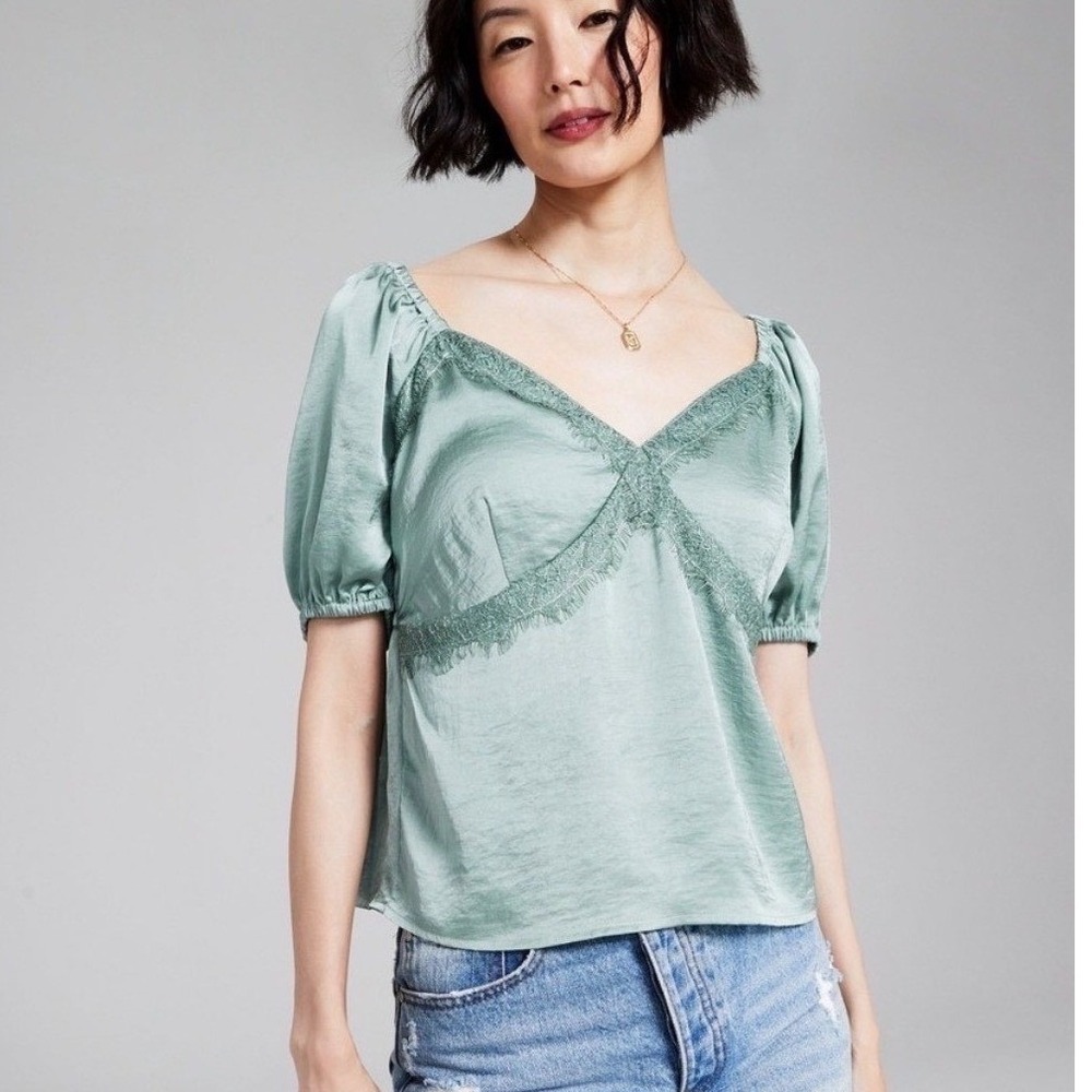 And Now This Sage Green Satin Lace Trim Puff Sleeve Blouse XXS fits like a small